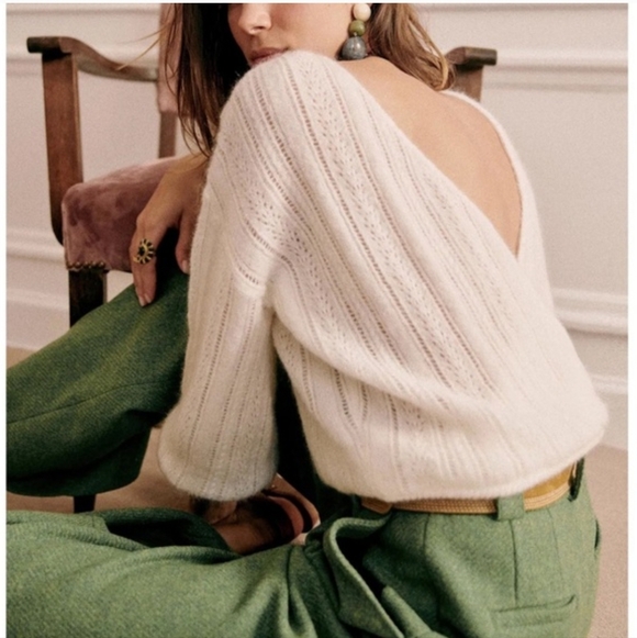 SÉZANE Cristina Cream Mohair Wool Crossover V Neck Crossover  Pointelle Sweater - Picture 5 of 16